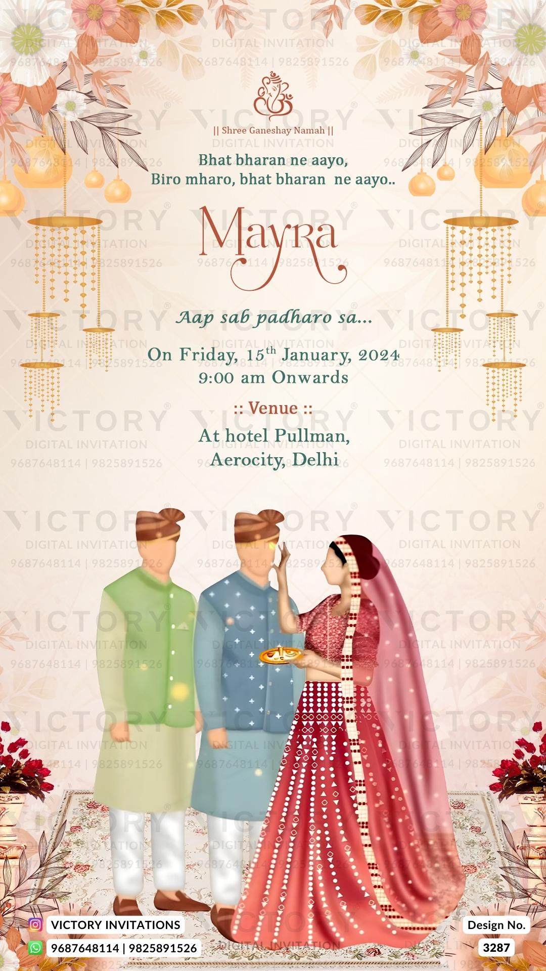 Mayra Ceremony invitation card in english language with mayra doodle, flowers as artistic floral theme design 3287