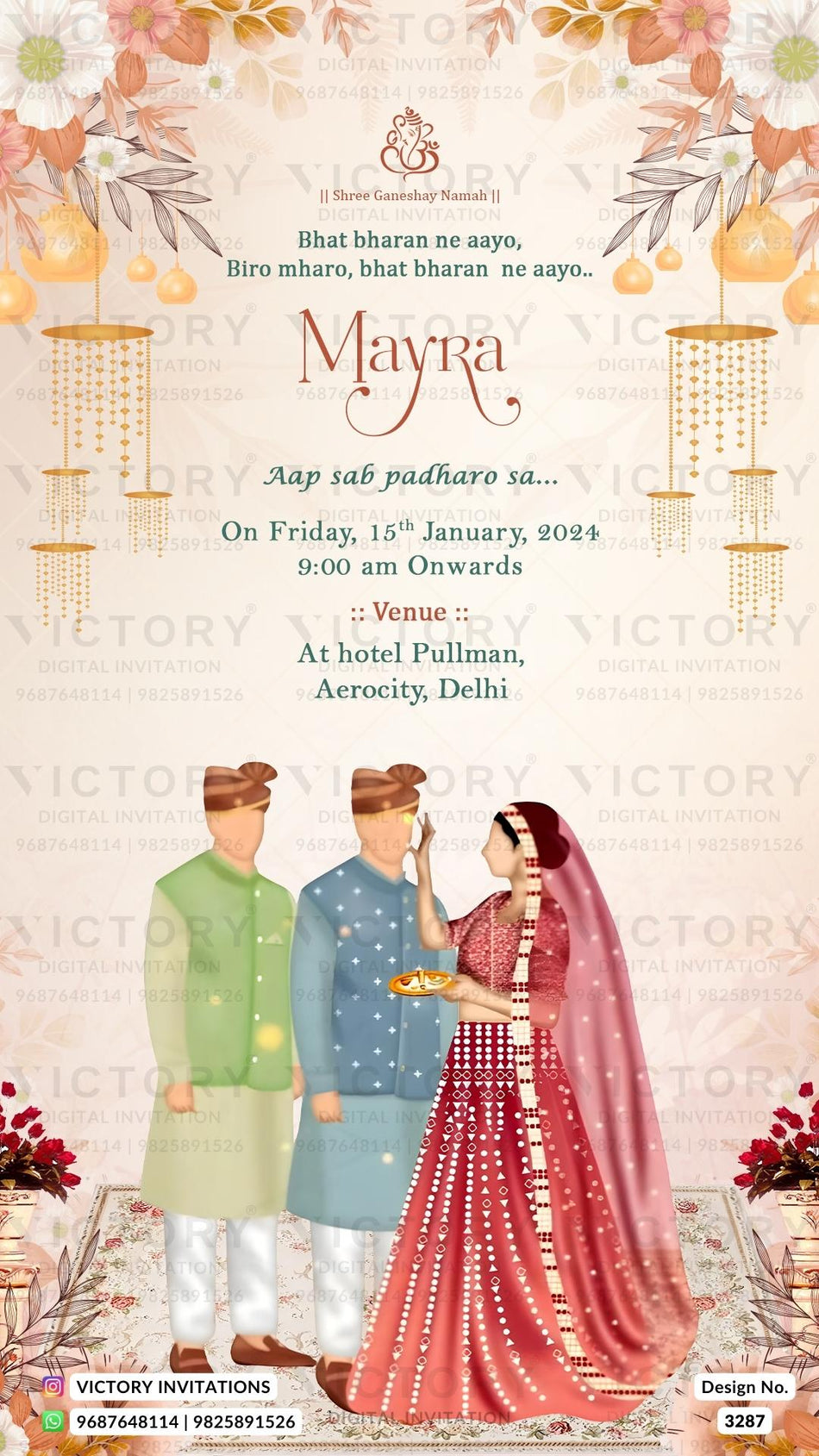 Mayra Ceremony invitation card in english language with mayra doodle, flowers as artistic floral theme design 3287