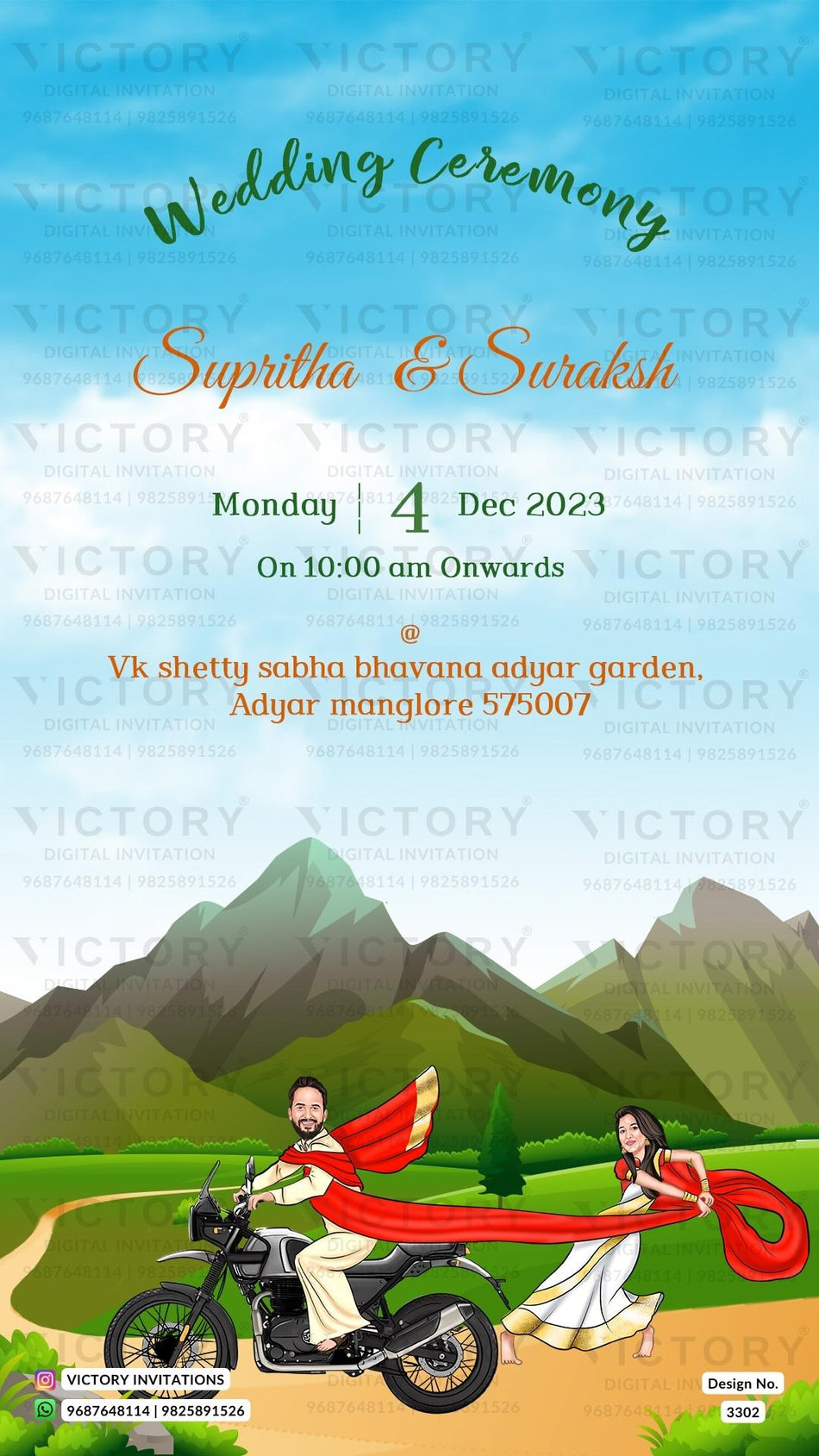 Bollywood couple caricature invitation card for wedding ceremony of south indian kannada family in english language with mountain theme design 3302