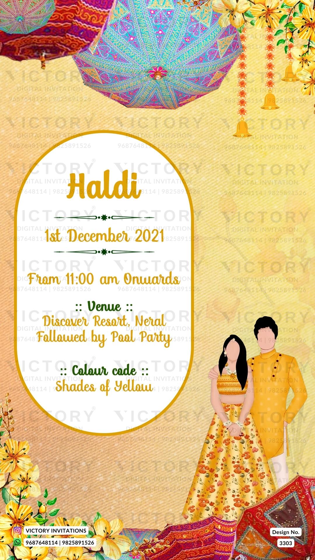 Haldi ceremony invitation card in english language with couple doodle, umbrella as traditional theme design 3303