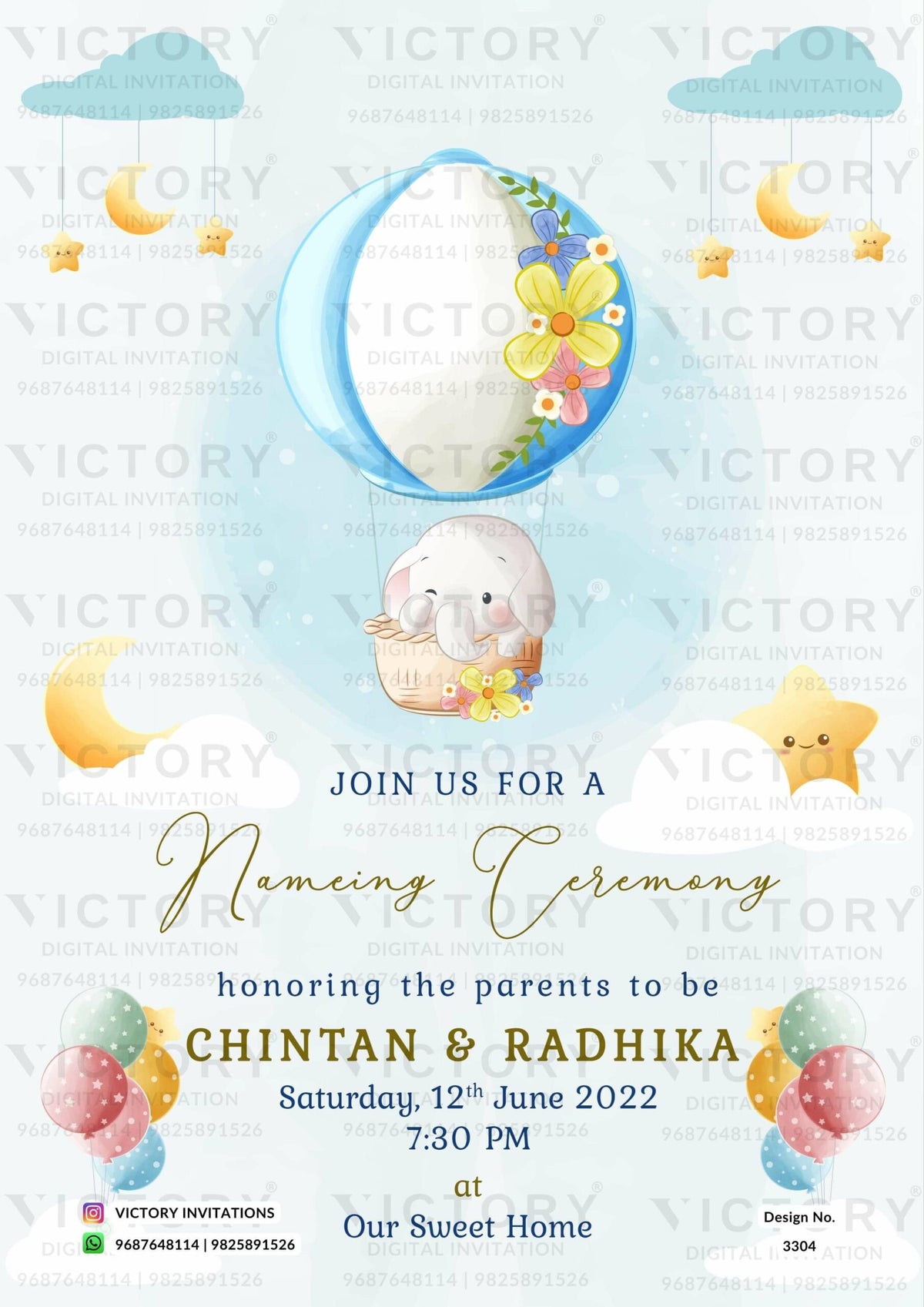 Baby Naming ceremony invitation card in english language with elephant, balloon, moon, star as cartoonish theme design 3304