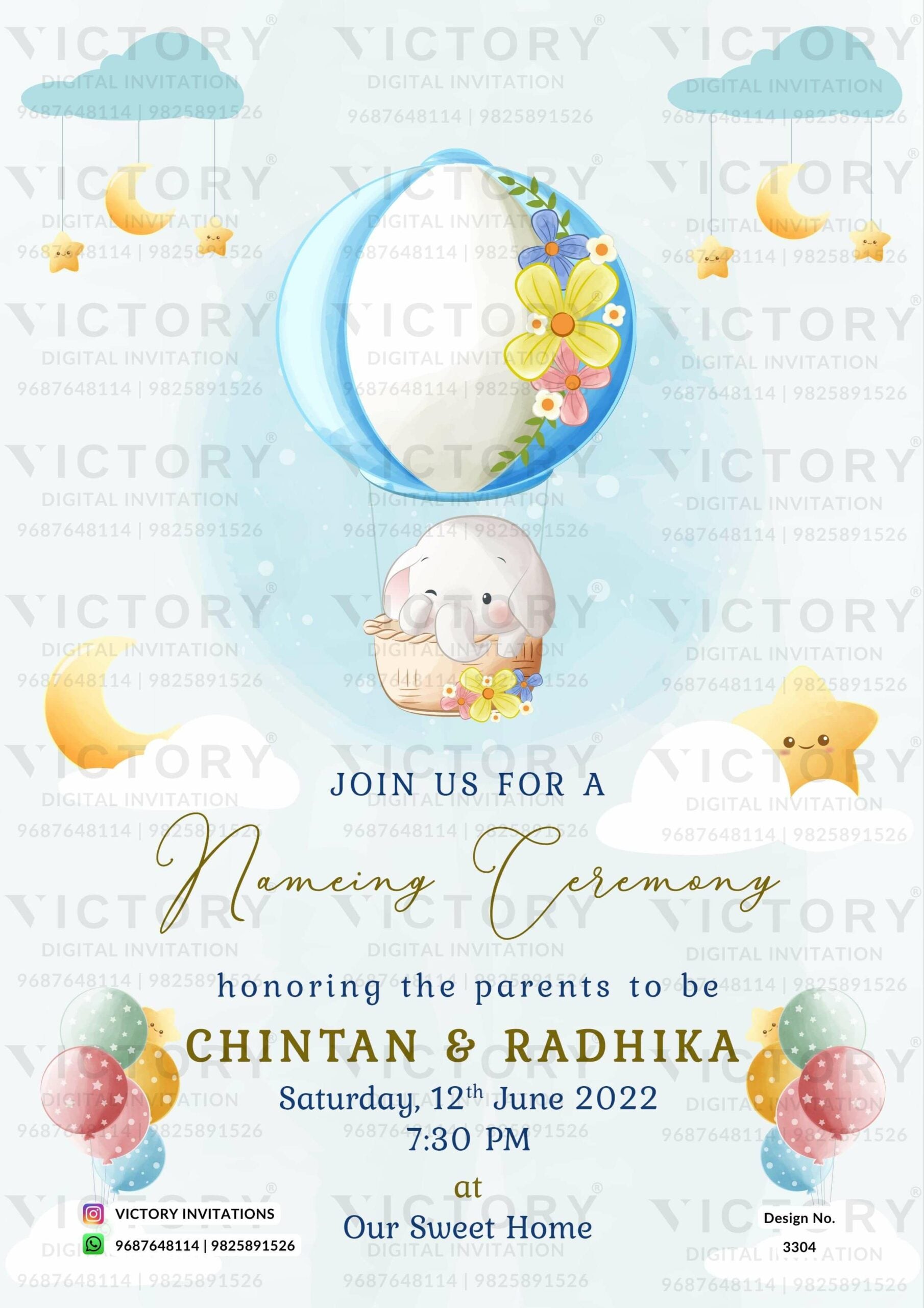 Baby Naming ceremony invitation card in english language with elephant, balloon, moon, star as cartoonish theme design 3304