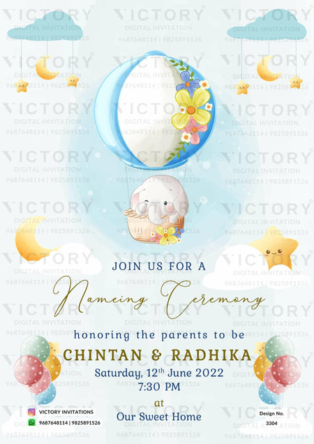 Baby Naming ceremony invitation card in english language with elephant, balloon, moon, star as cartoonish theme design 3304