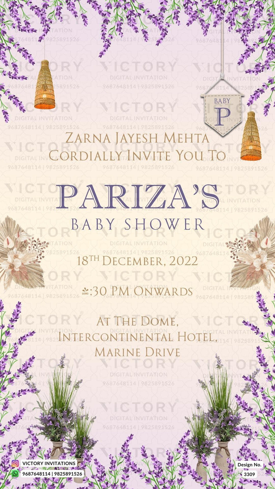 Baby Shower ceremony invitation card in english language with leaves, lantern as floral theme design 3309