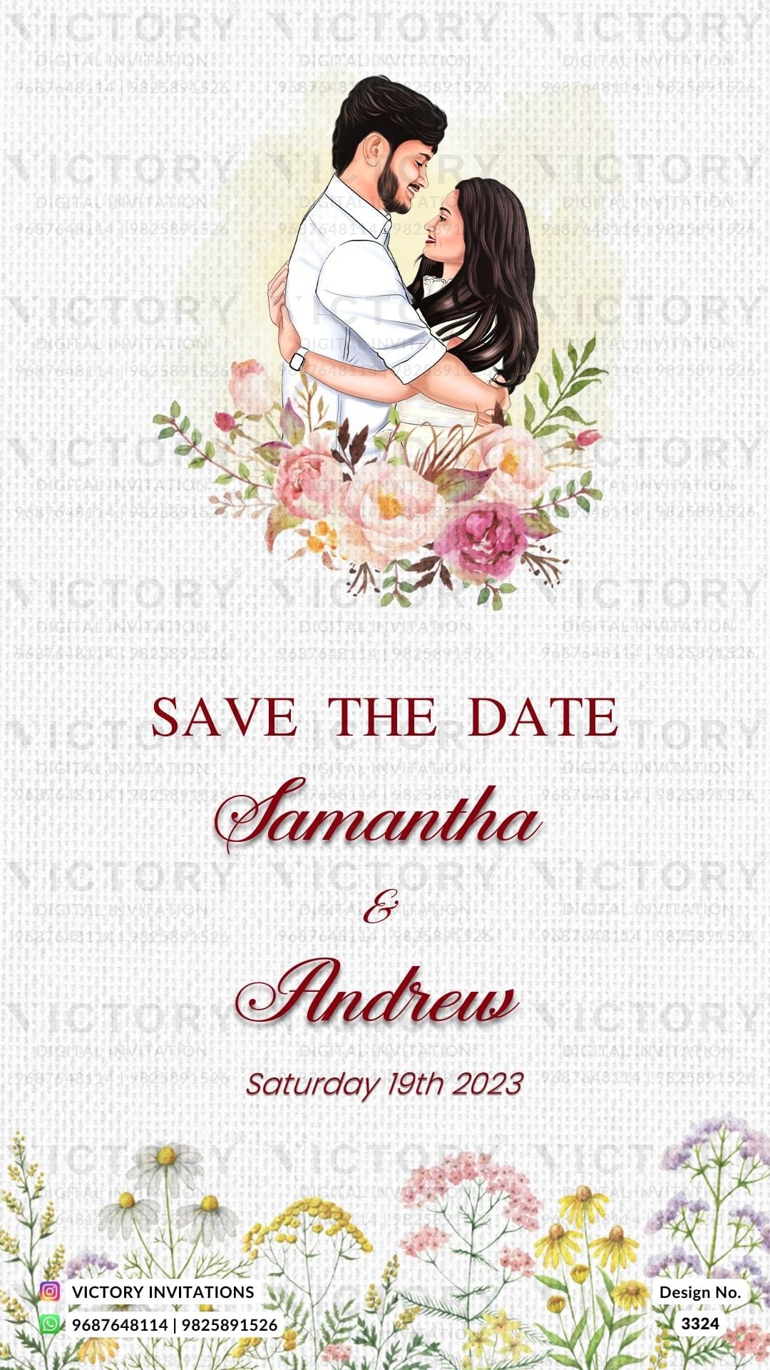 Romantic couple caricature invitation card for Save the Date in English language with calendar as love story theme design 3324