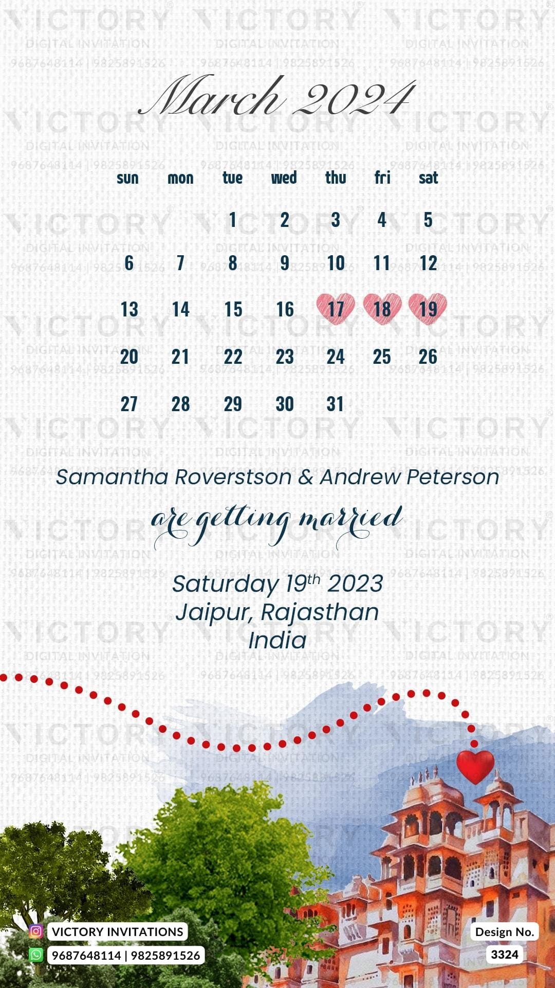 Romantic couple caricature invitation card for Save the Date in English language with calendar as love story theme design 3324