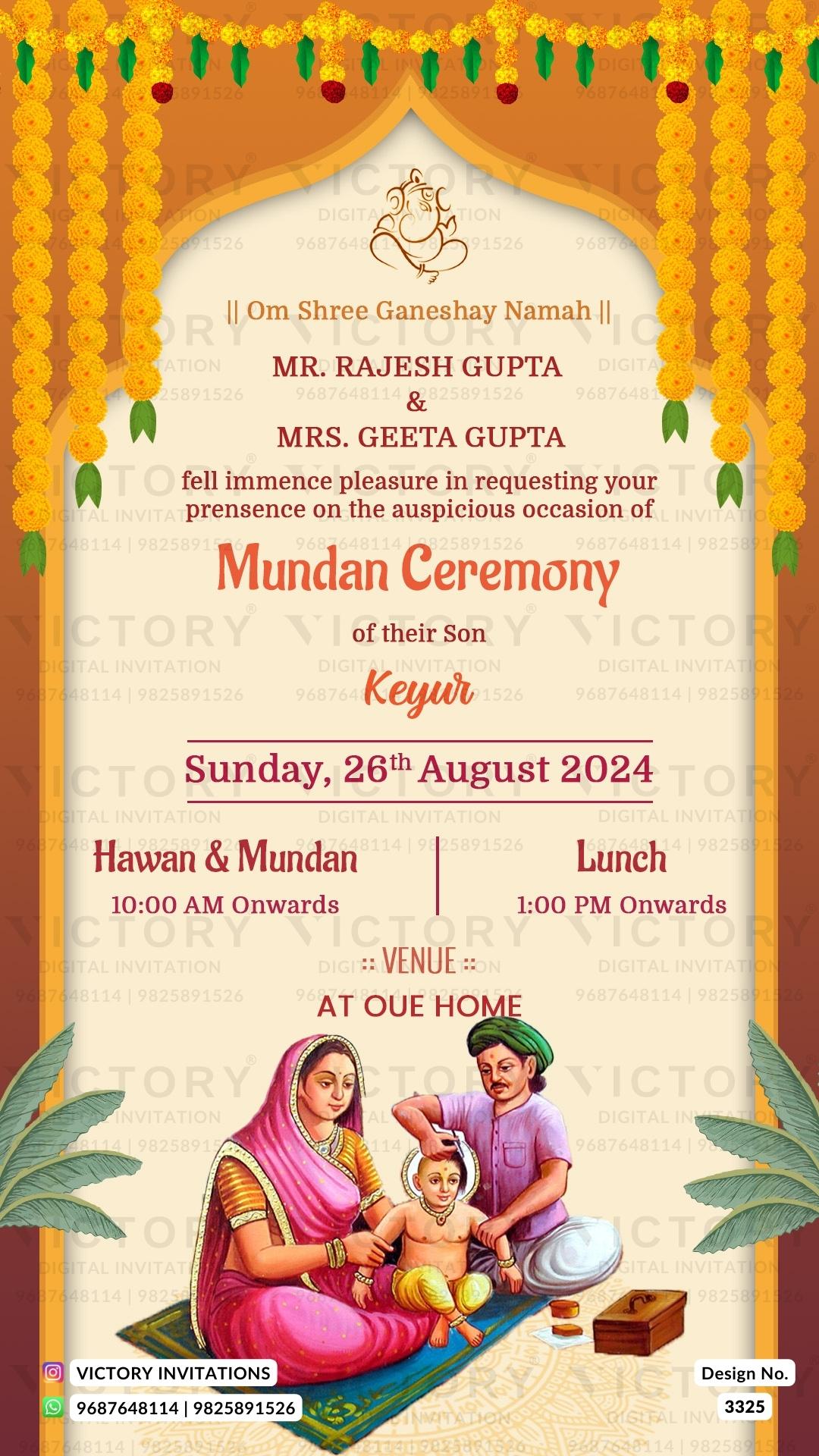 Mundan Ceremony invitation card in english language with marigold flower, doodle, arch gate as traditional theme design 3325