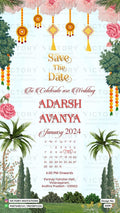 Save the Date card in english language with flowers, calendar as traditional theme design 3339
