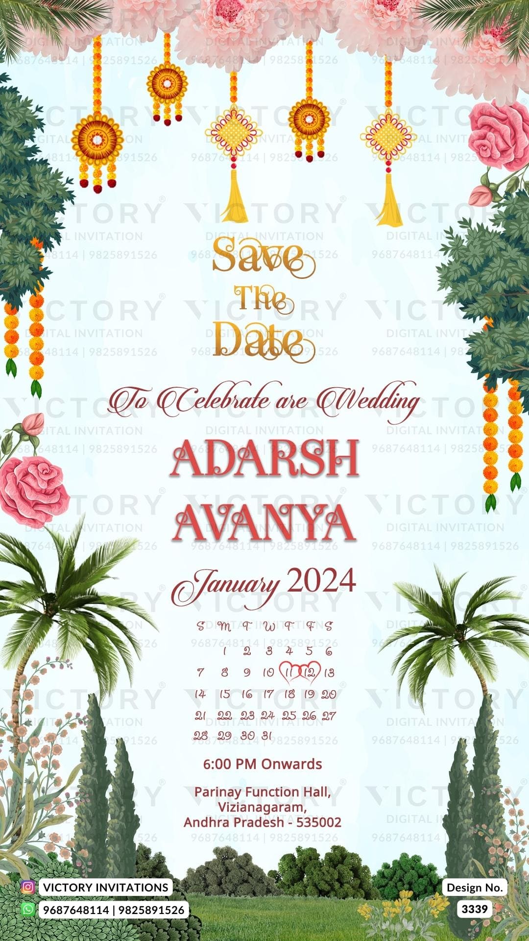 Save the Date card in english language with flowers, calendar as traditional theme design 3339
