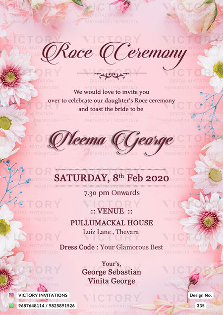 Roce ceremony invitation card in english language with flowers as floral theme design 335