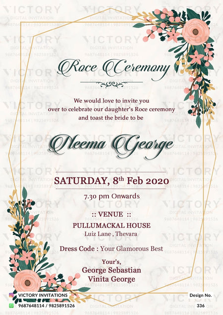 Roce ceremony invitation card in english language with flowers, frame as minimalistic theme design 336