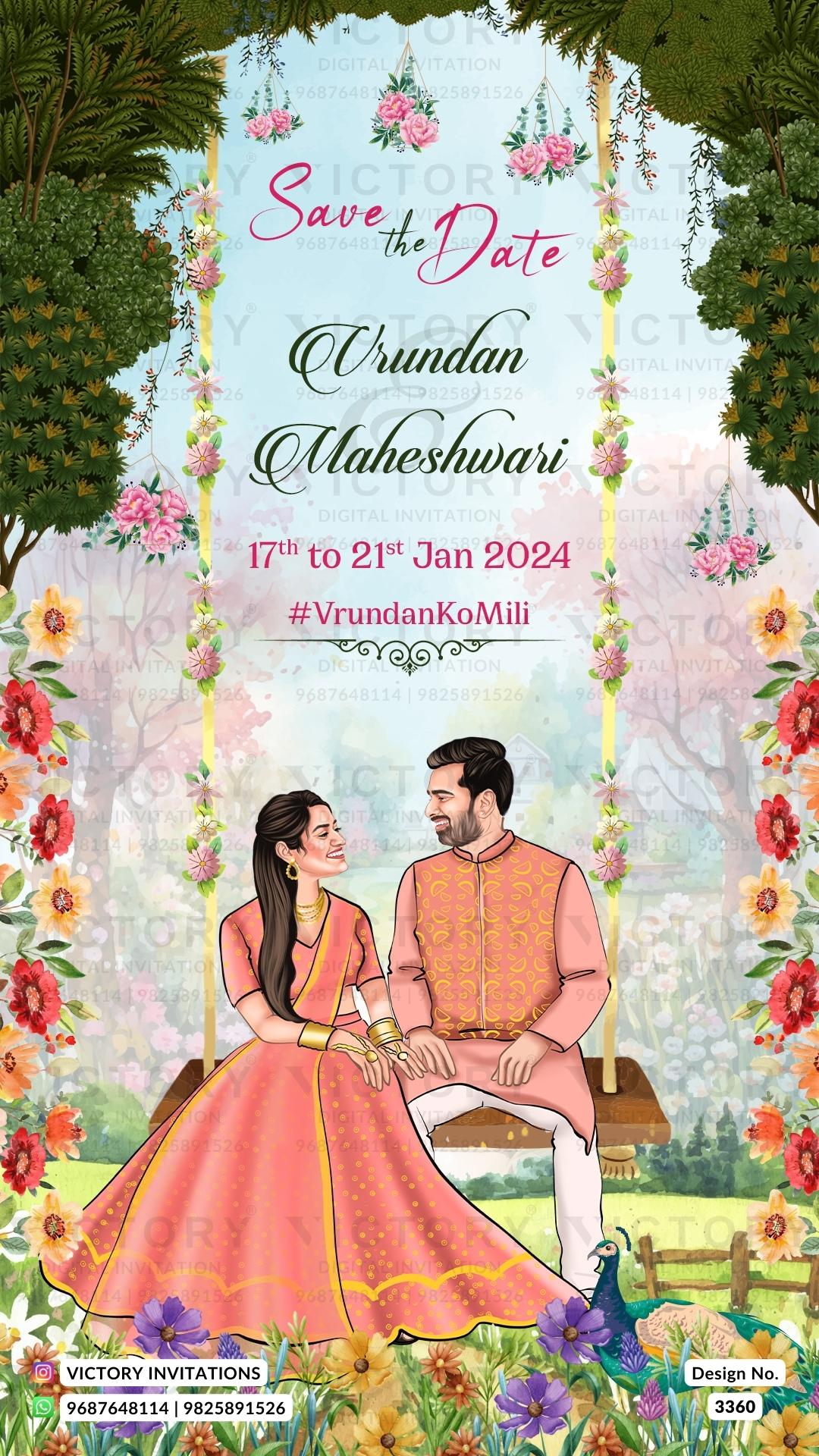 sitting adorable couple caricature invitation card for Save the Date in English language with traditional theme design 3360