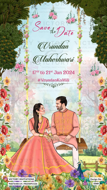 sitting adorable couple caricature invitation card for Save the Date in English language with traditional theme design 3360