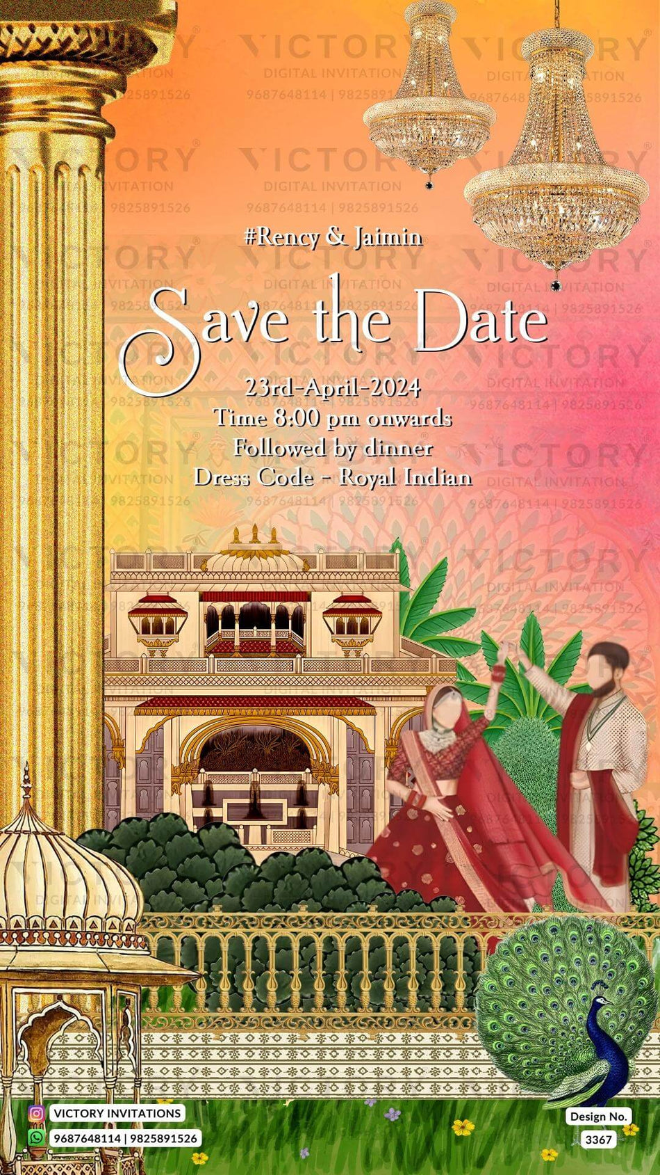 Save the Date card in english language with couple doodle as royal theme design 3367