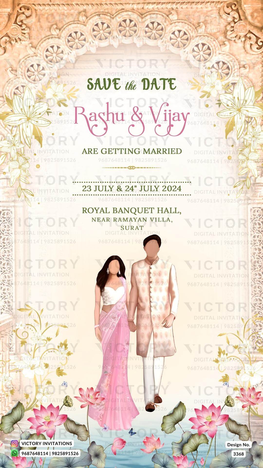 Save the Date card in english language with lotus, arch as traditional theme design 3368