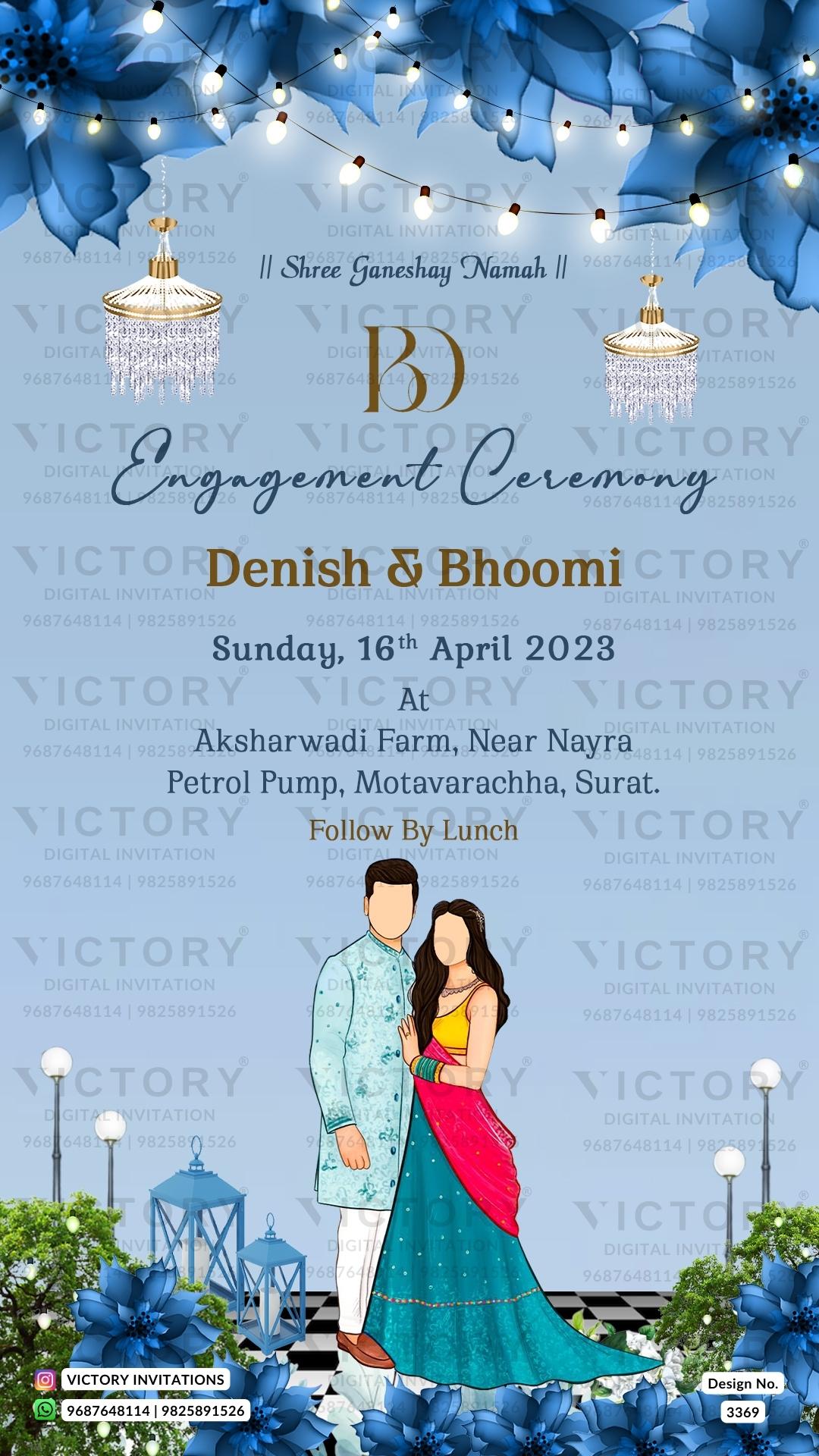 Engagement ceremony invitation card in english language with string light, hanging as floral theme design 3369