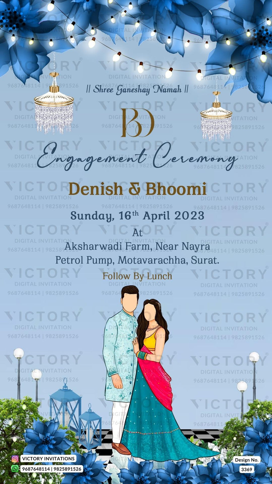 Engagement ceremony invitation card in english language with string light, hanging as floral theme design 3369