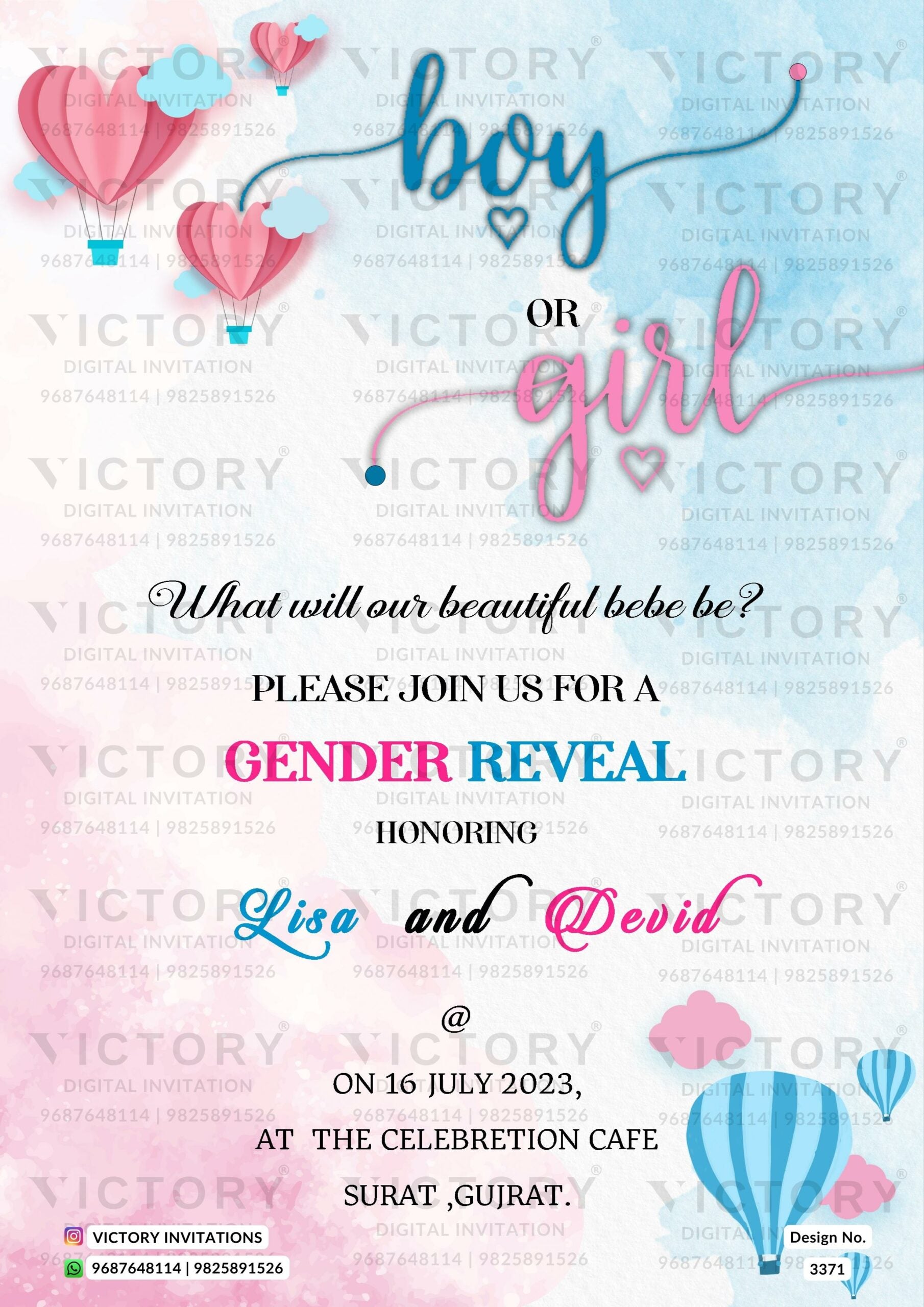 Gender Reveal invitation card in english language with hot air balloons as minimalistic theme design 3371