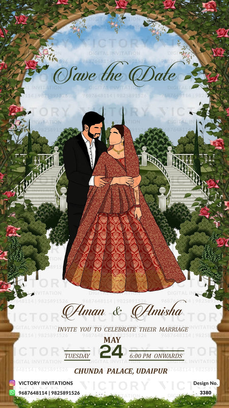 Save the Date card in english language with royal theme design 3380