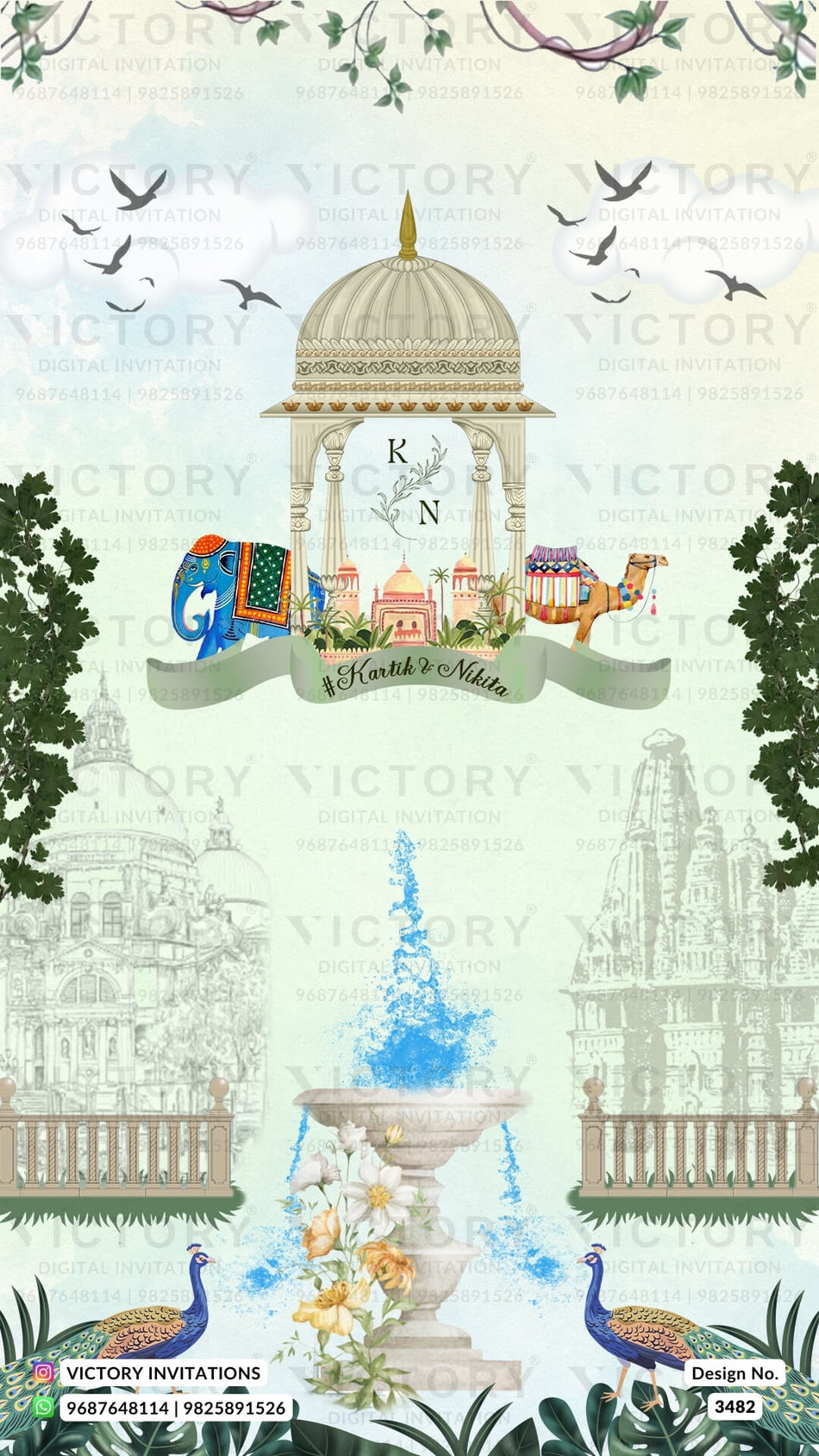 Wedding ceremony invitation card of hindu gujarati kathiyawadi family in English language with Temple theme design 3482