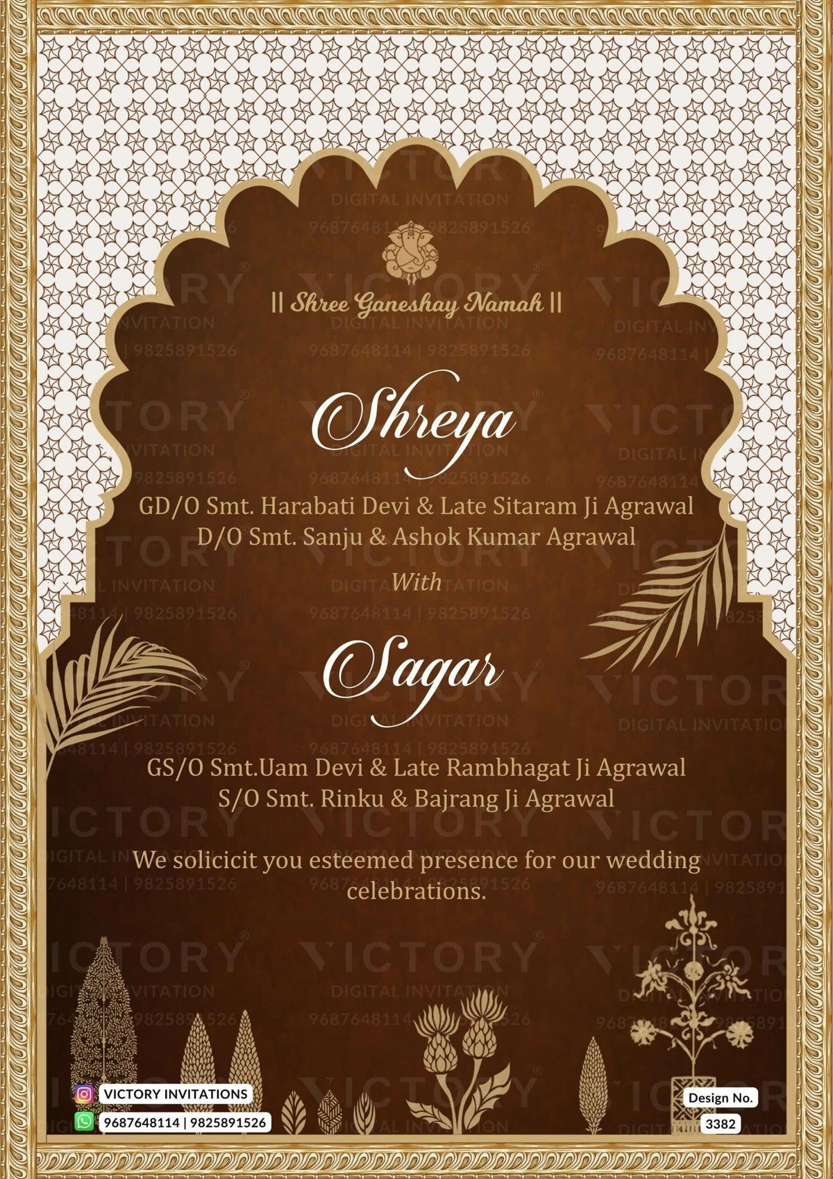 Wedding ceremony invitation card of hindu gujarati patel family in English language with Traditional arch theme design 3382