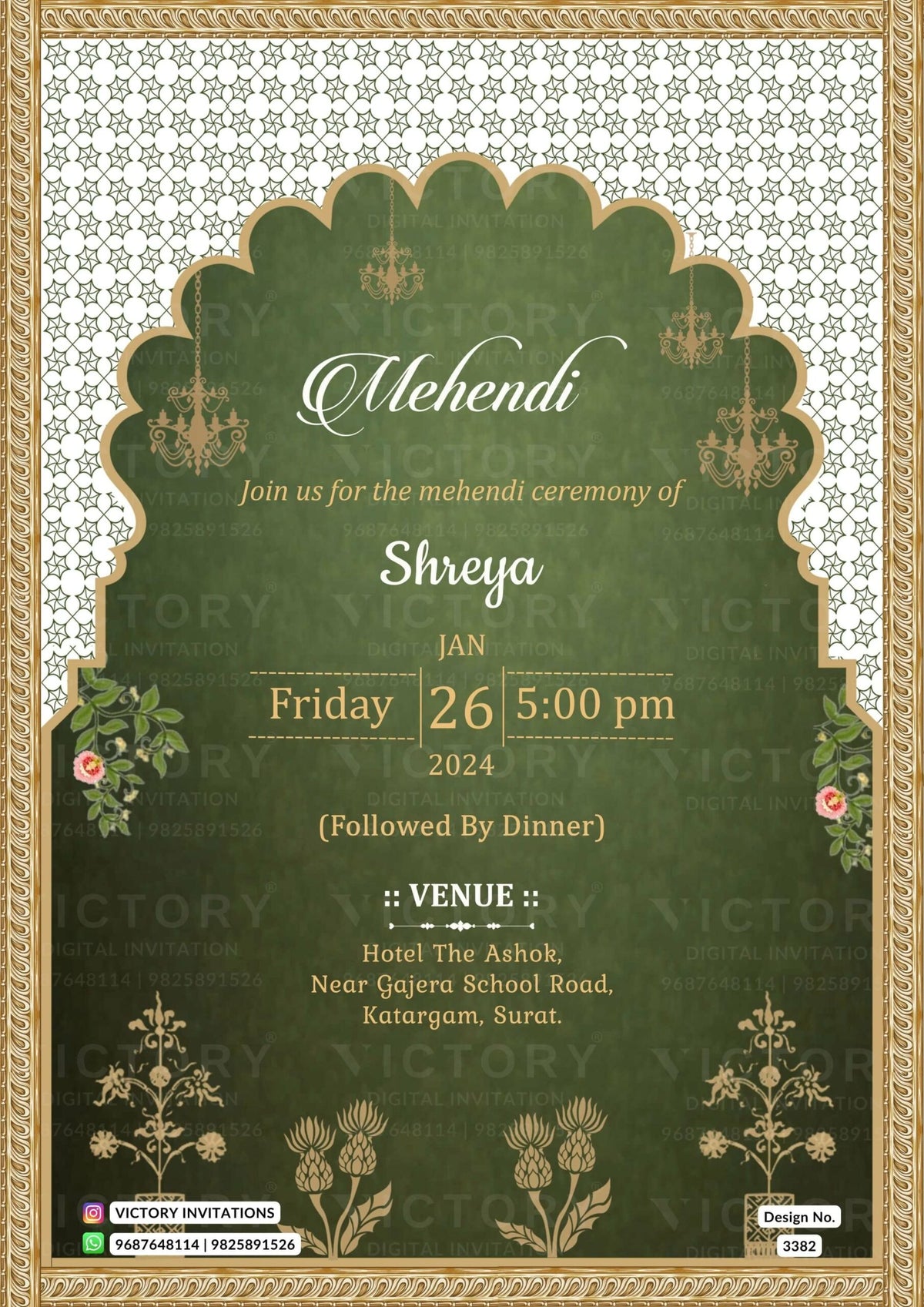 Wedding ceremony invitation card of hindu gujarati patel family in English language with Traditional arch theme design 3382