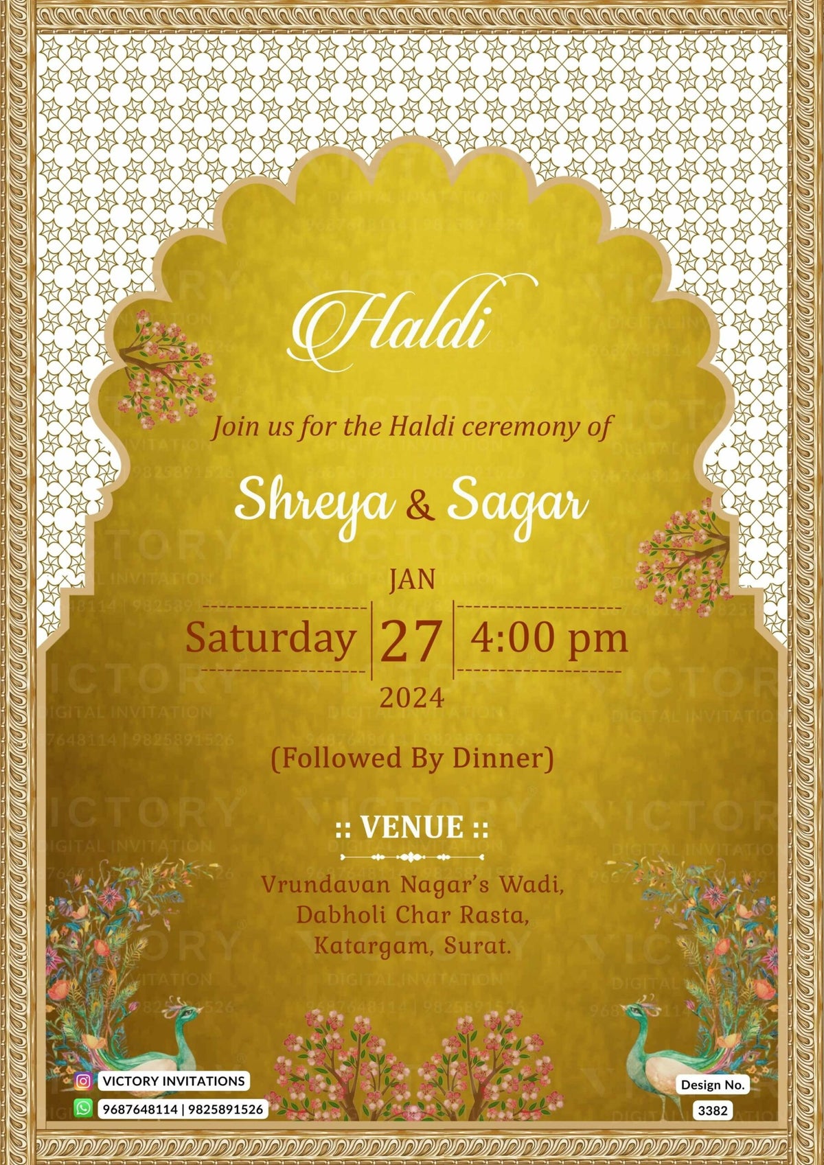Wedding ceremony invitation card of hindu gujarati patel family in English language with Traditional arch theme design 3382