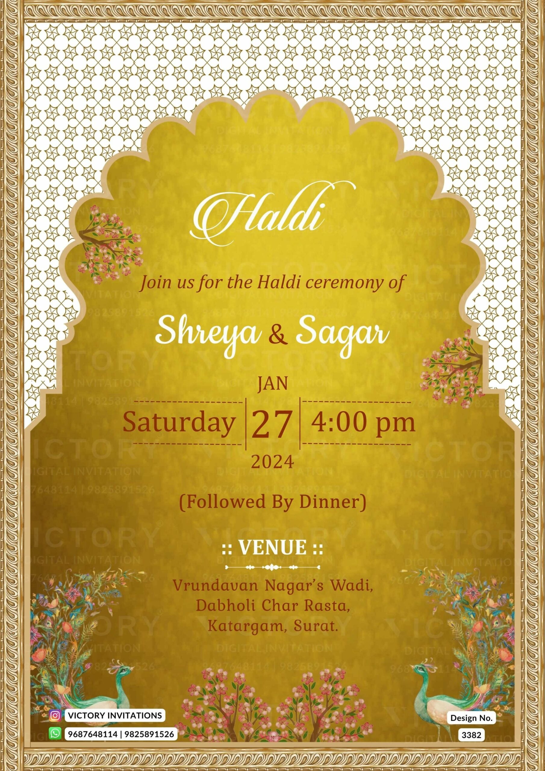Wedding ceremony invitation card of hindu gujarati patel family in English language with Traditional arch theme design 3382