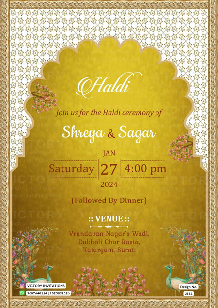 Wedding ceremony invitation card of hindu gujarati patel family in English language with Traditional arch theme design 3382