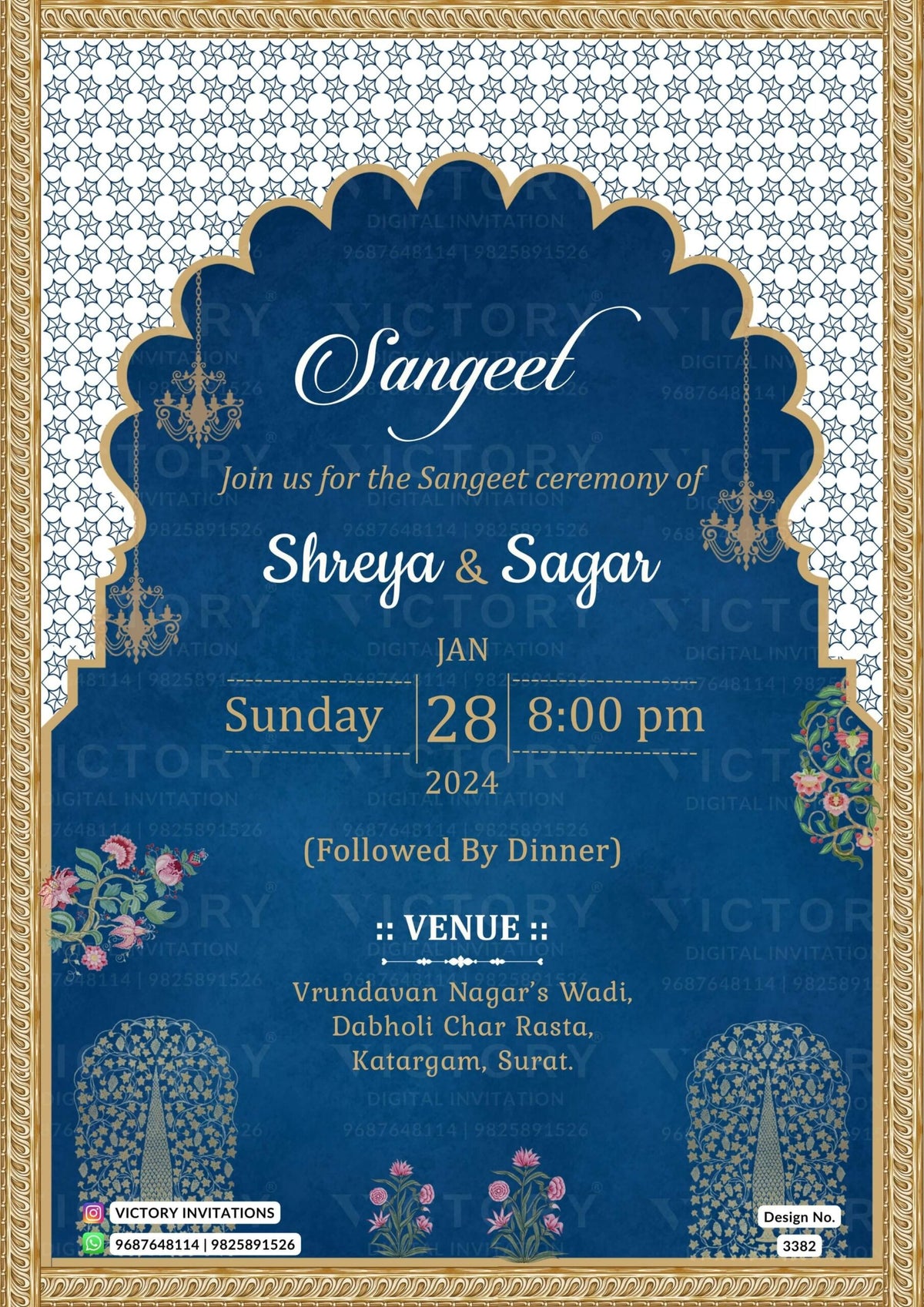 Wedding ceremony invitation card of hindu gujarati patel family in English language with Traditional arch theme design 3382
