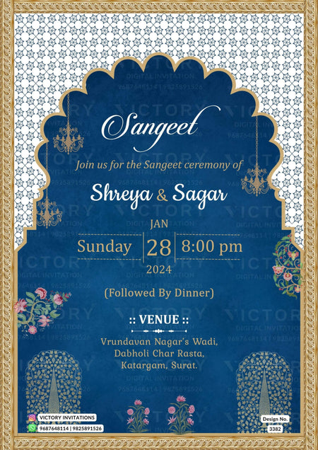 Wedding ceremony invitation card of hindu gujarati patel family in English language with Traditional arch theme design 3382