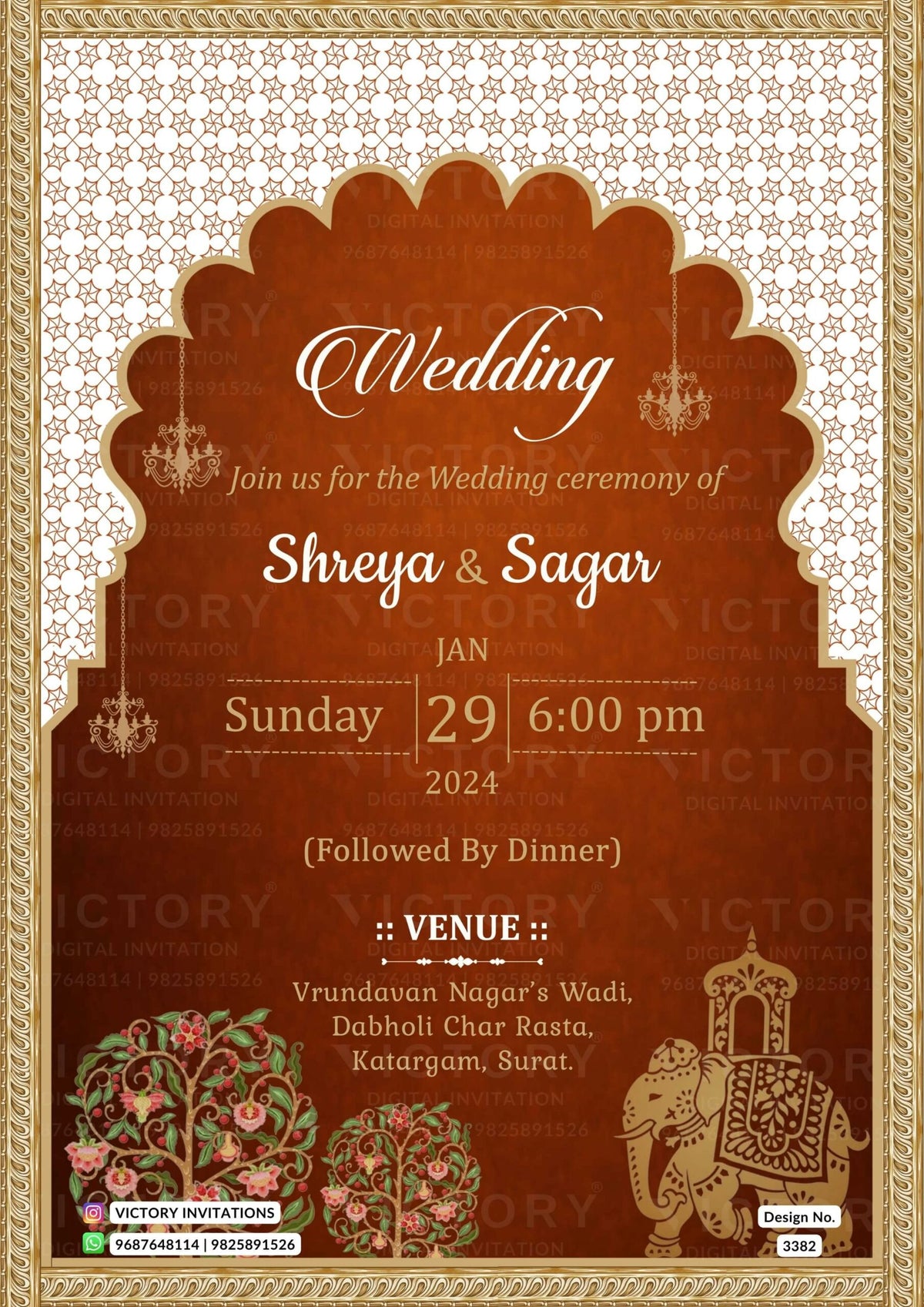 Wedding ceremony invitation card of hindu gujarati patel family in English language with Traditional arch theme design 3382