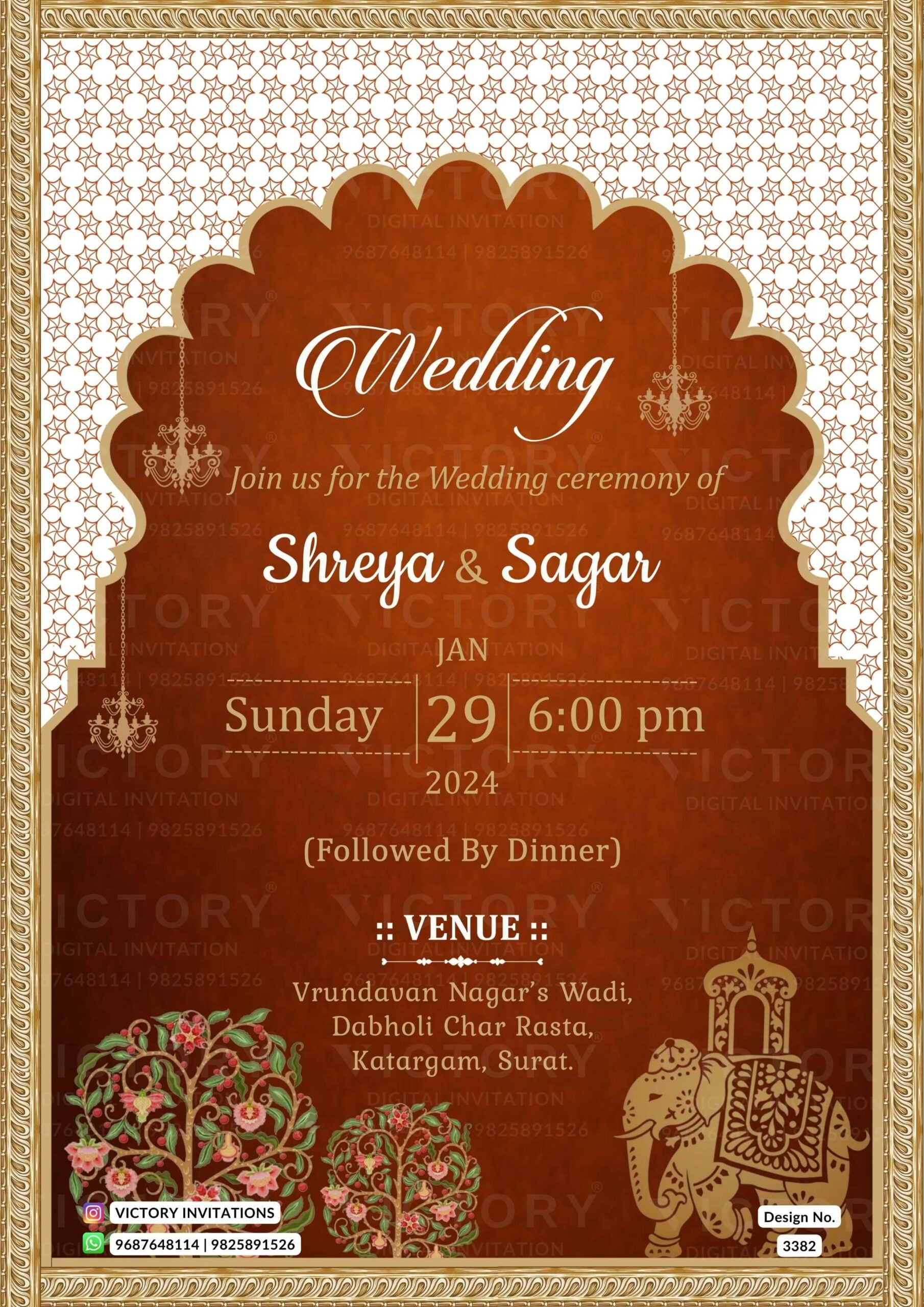 Wedding ceremony invitation card of hindu gujarati patel family in English language with Traditional arch theme design 3382