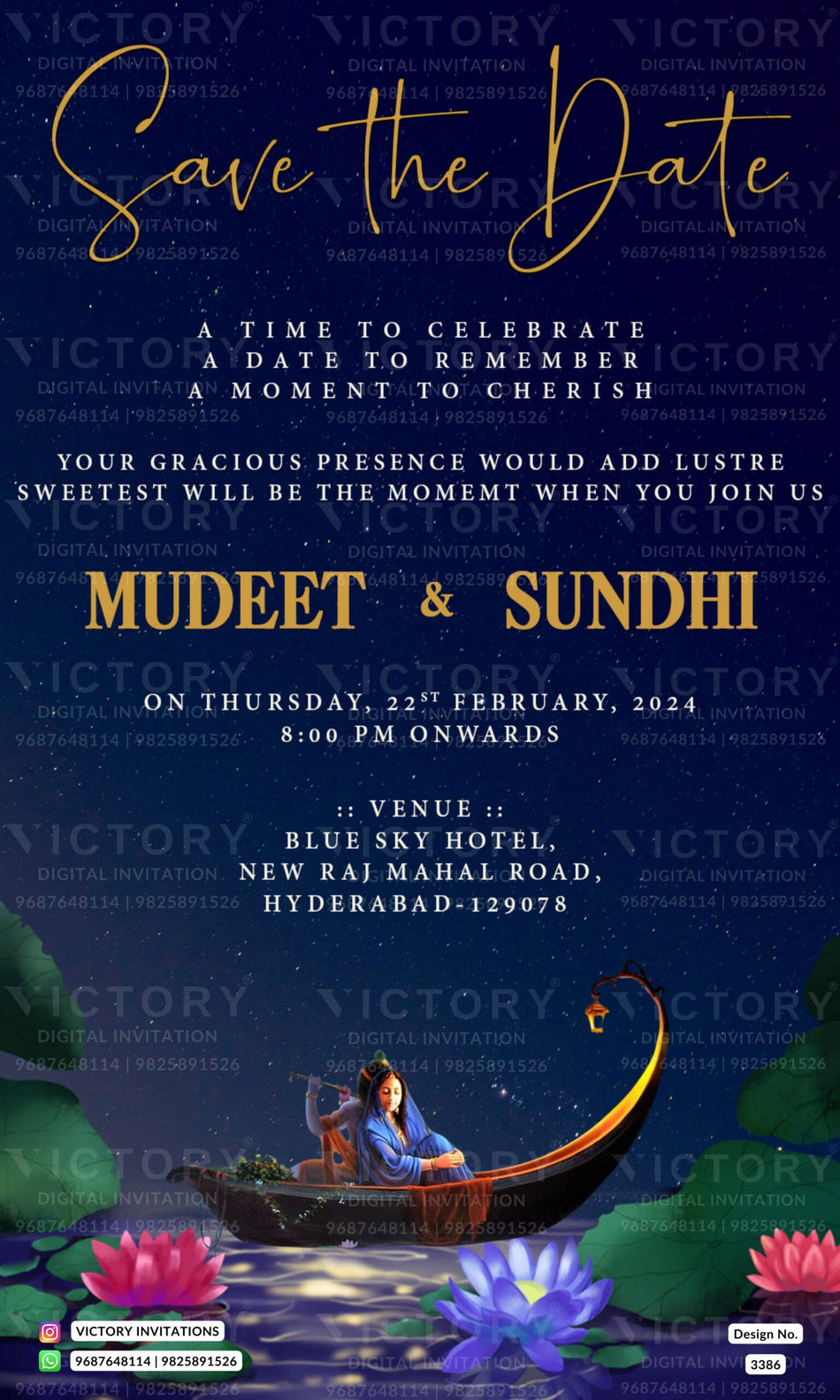 Save the Date card in english language with radha krishna theme design 3386