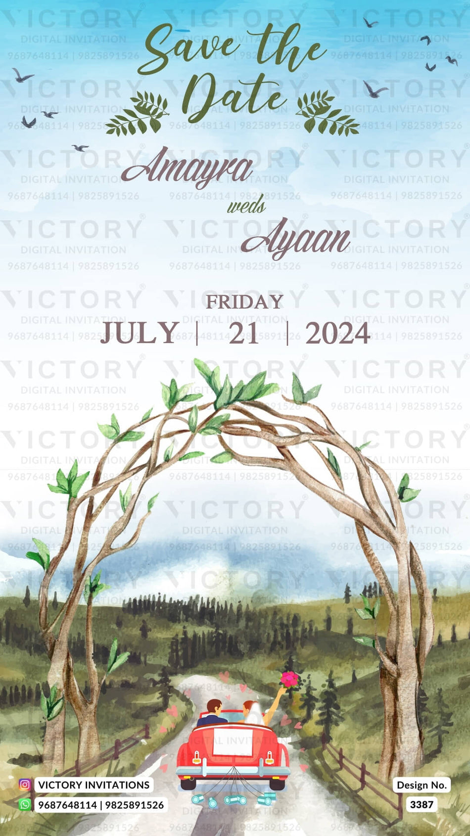 Save the Date card in english language with garden theme design 3387