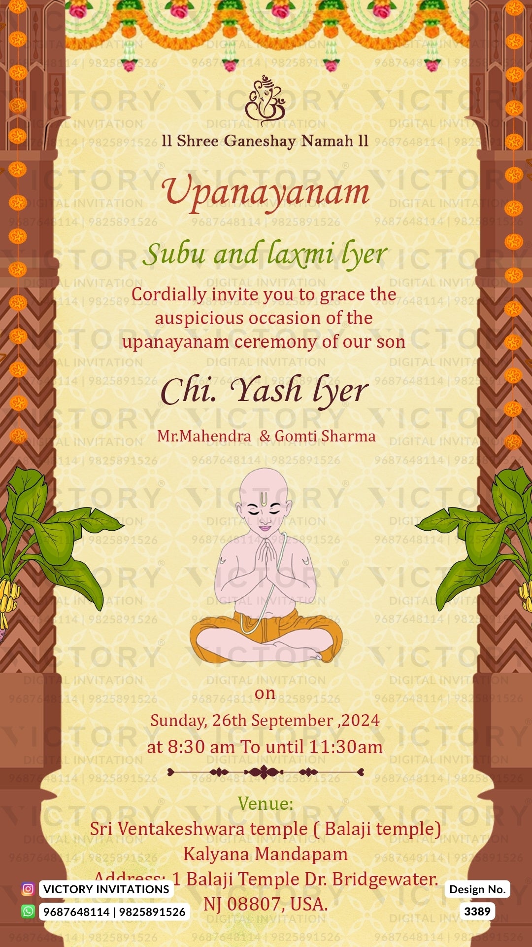 Upanayanam ceremony invitation card in english language with banana leaves, family doodle as traditional theme design 3389