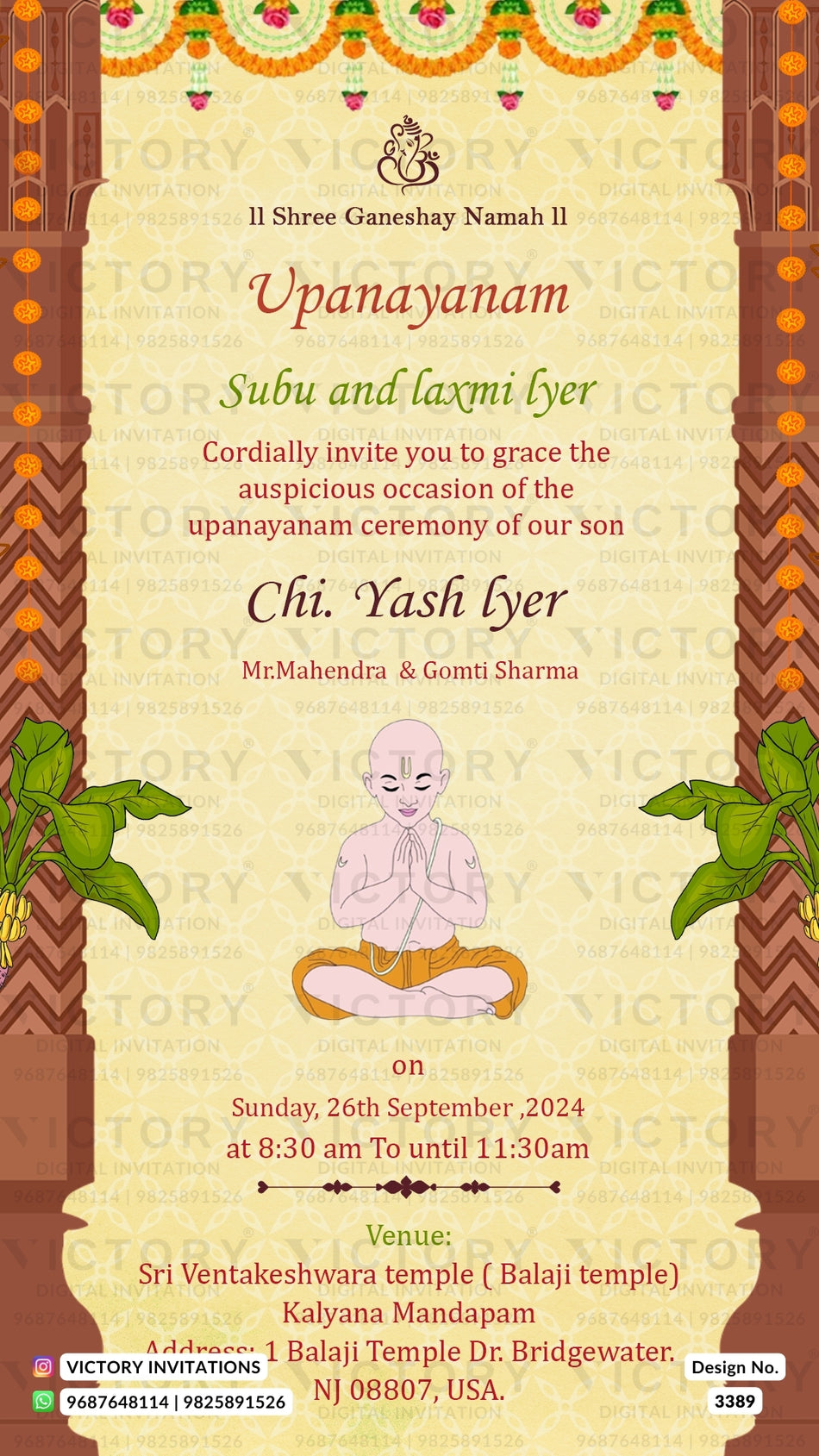 Upanayanam ceremony invitation card in english language with banana leaves, family doodle as traditional theme design 3389