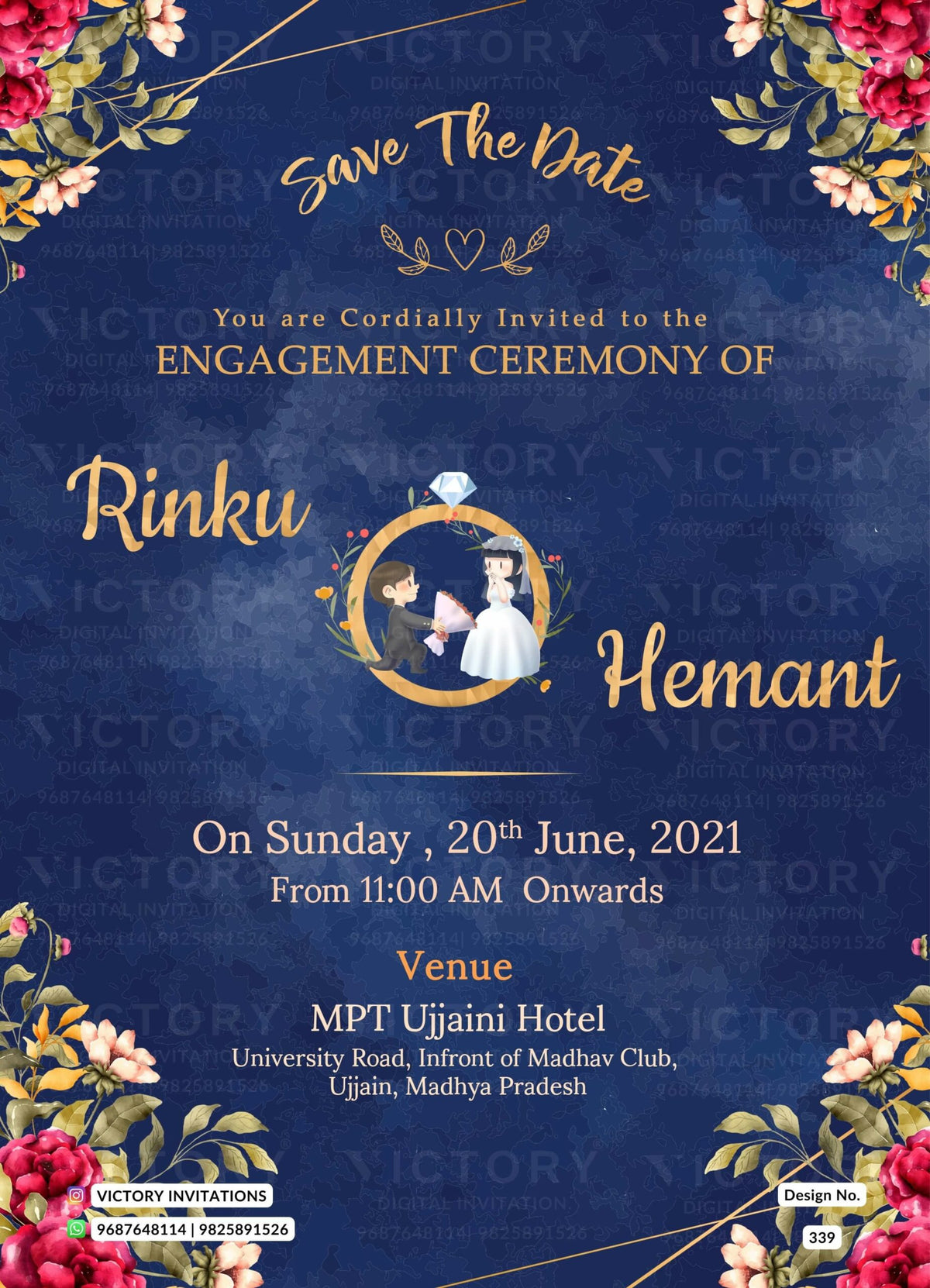 Engagement ceremony invitation card in english language with golden line, leaves as floral theme design 339