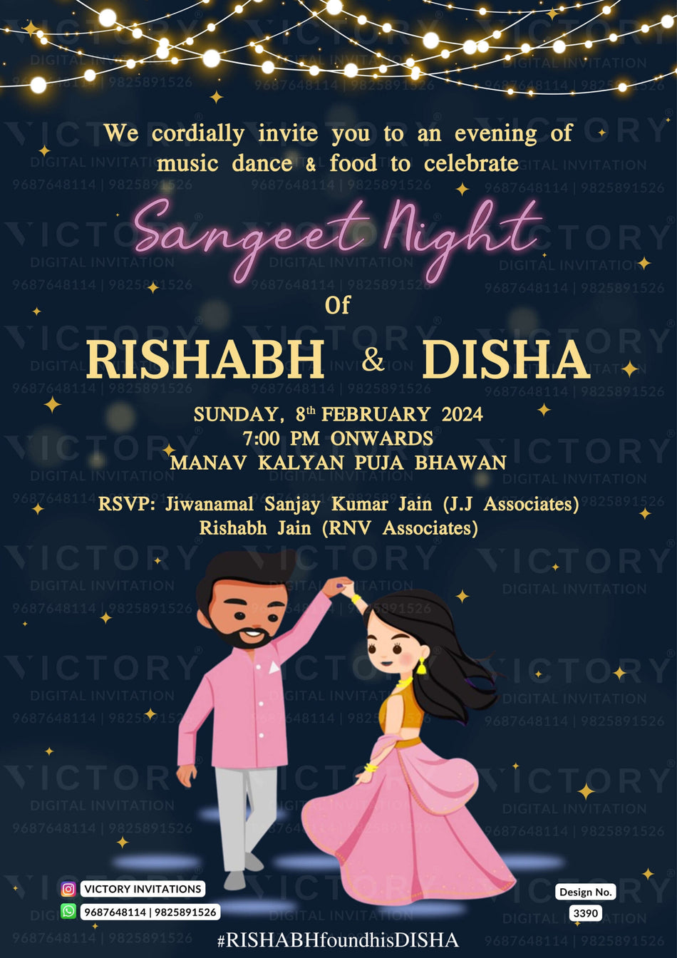 Sangeet Sandhya Ceremony invitation card in english language with string lights, couple doodle as glittery theme design 3390