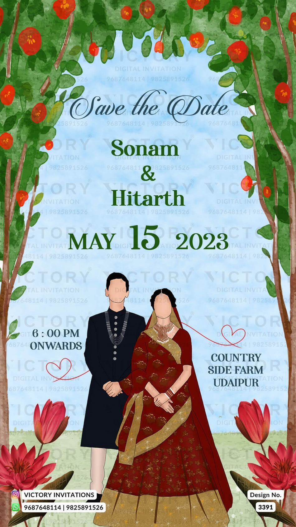 Save the Date card in english language with couple doodle as forest theme design 3391