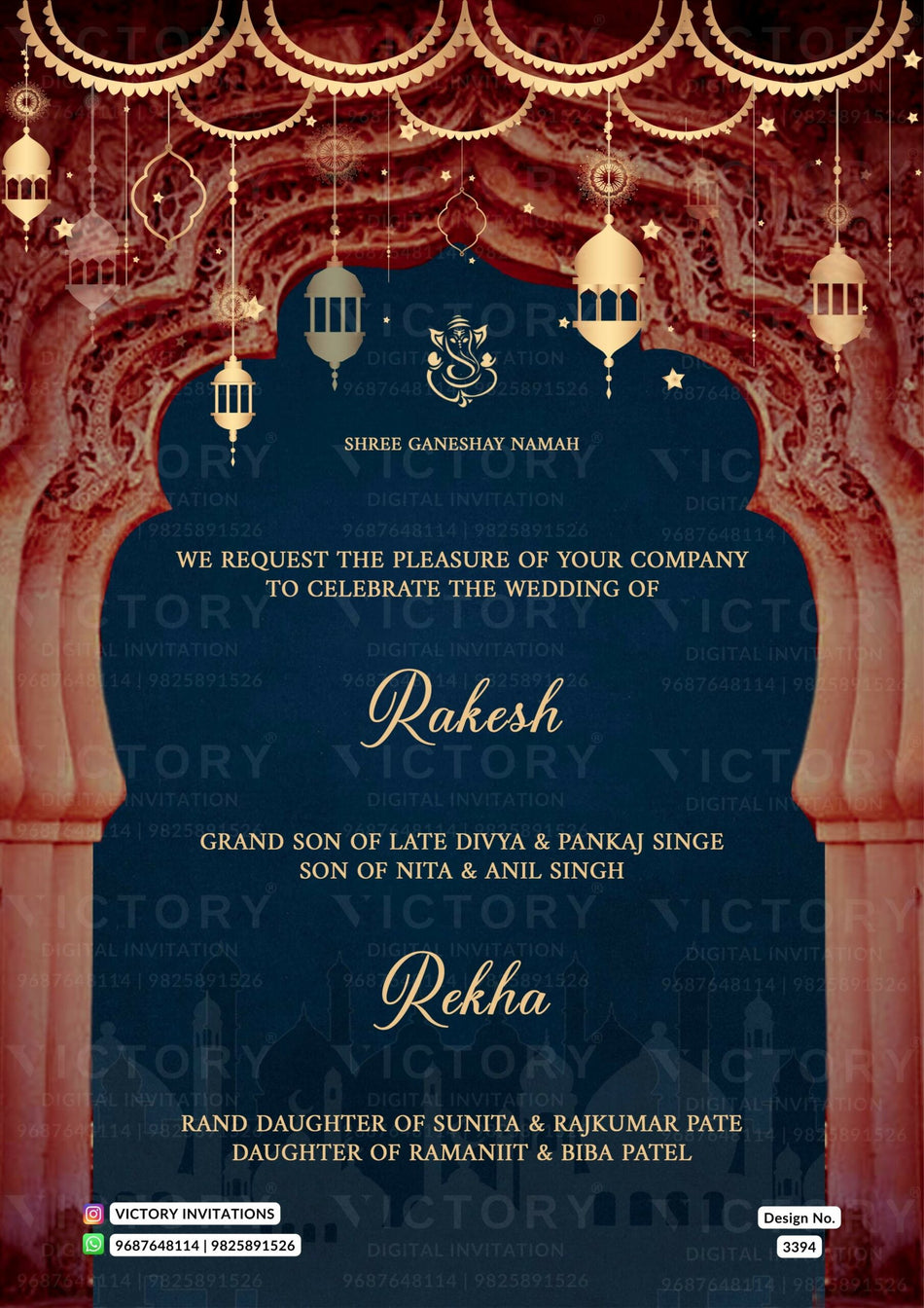 Wedding ceremony invitation card of hindu modern family in english language with traditional theme design 3394