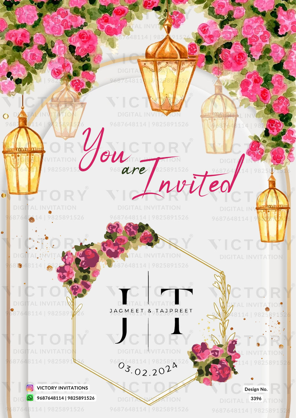 Engagement ceremony invitation card in english language with flowers, gate as floral theme design 3396