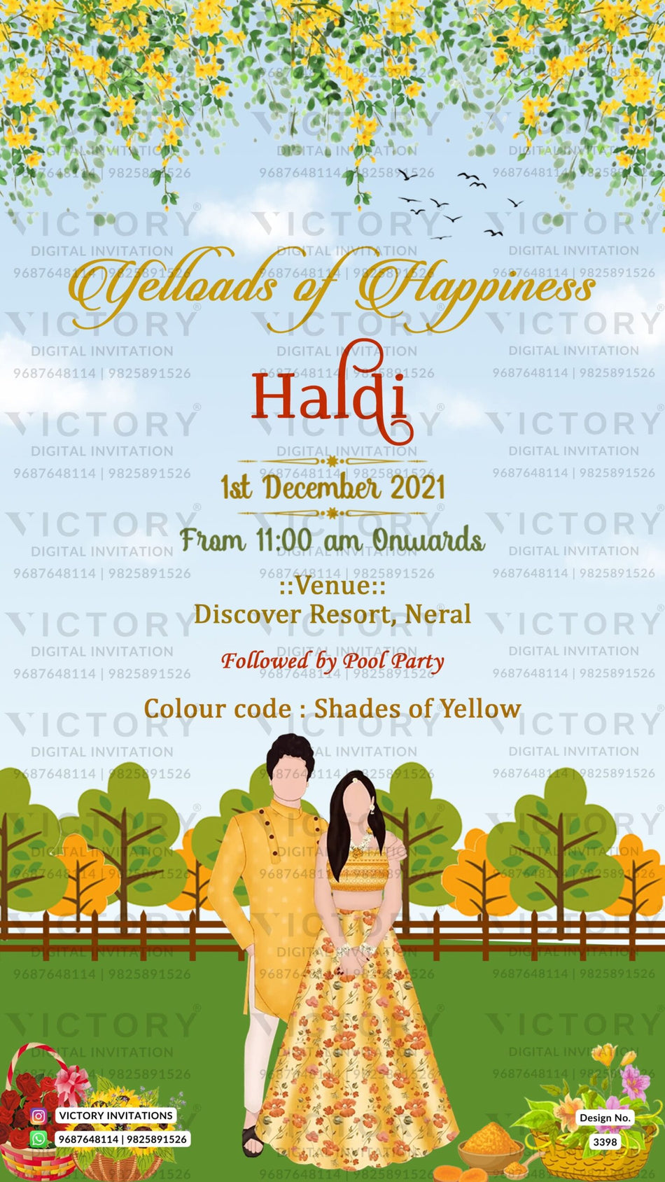 Haldi ceremony invitation card in english language with couple doodle, flowers as garden theme design 3398