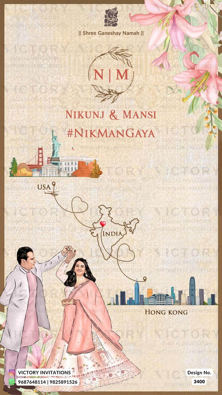 Dancing couple caricature invitation card for wedding ceremony of hindu gujarati patel family in English language with Two country design 3400