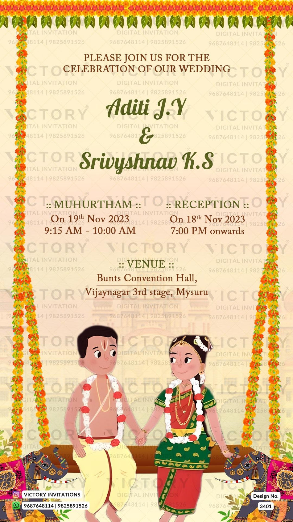 Wedding ceremony invitation video of hindu south indian kannada family in english language with traditional theme design 3401
