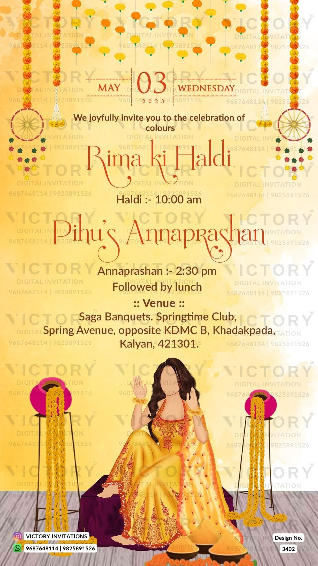 Annaprashan ceremony invitation card in english language with haldi doodle as marigold garland theme design 3402