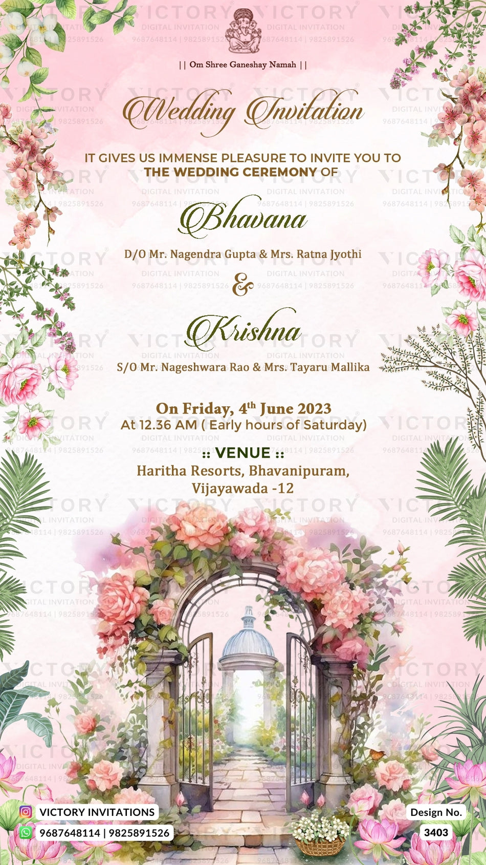 Wedding ceremony invitation card of hindu south indian telugu family in english language with floral theme design 3403