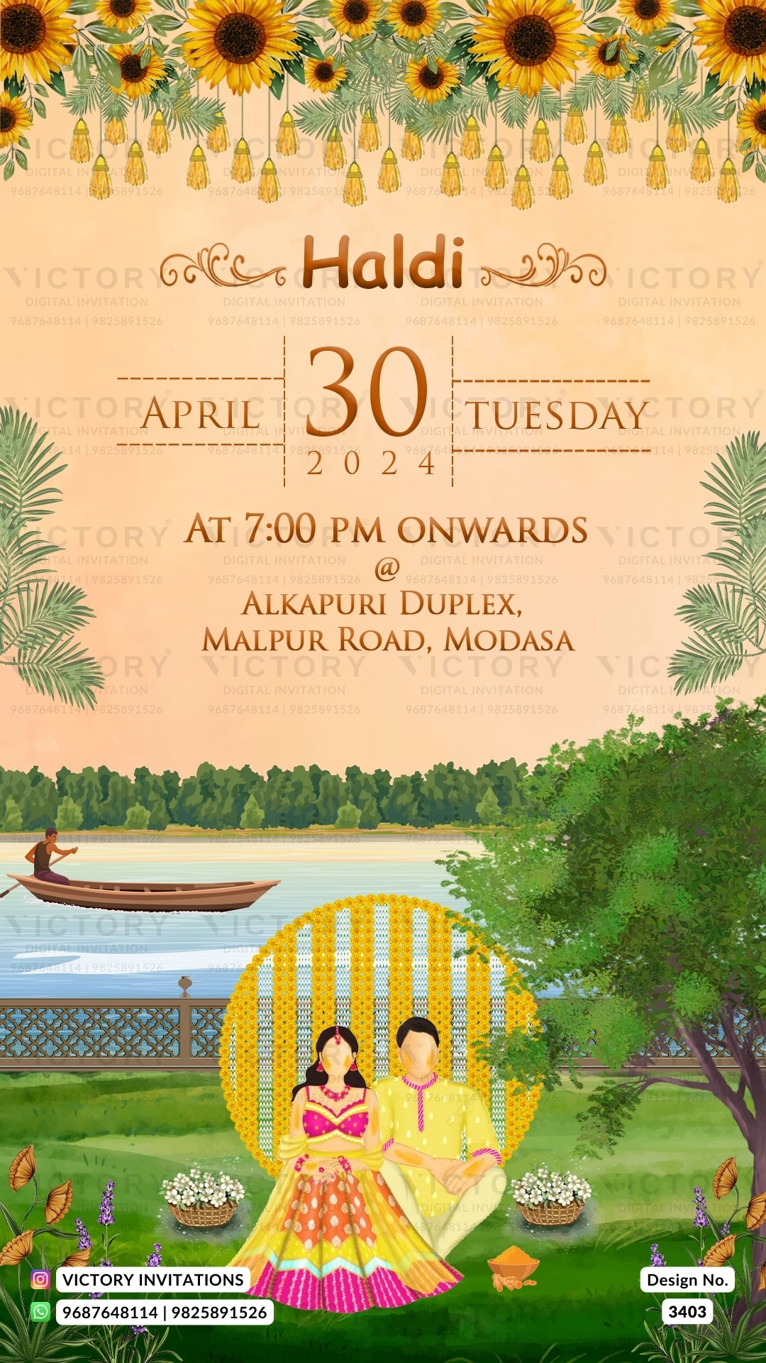 Wedding ceremony invitation card of hindu south indian telugu family in english language with floral theme design 3403