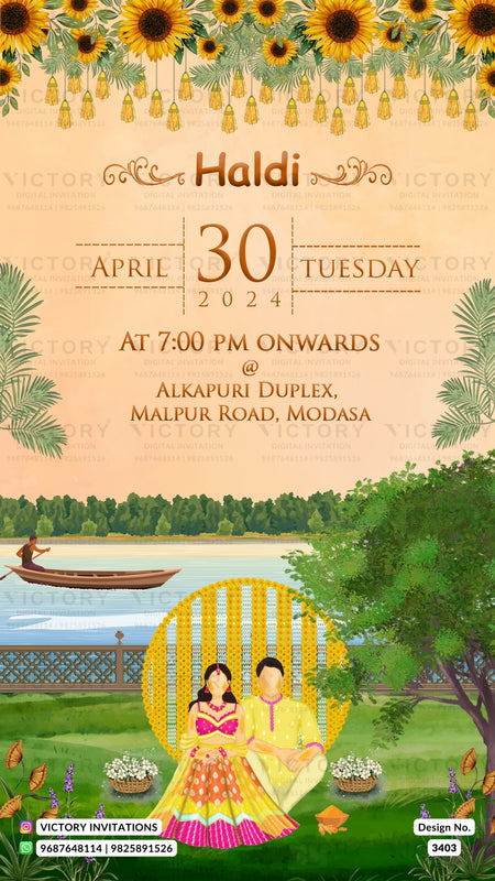 Wedding ceremony invitation card of hindu south indian telugu family in english language with floral theme design 3403