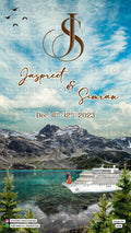Romantic couple caricature invitation card for wedding ceremony of hindu punjabi sikh family in English language with mountain lake view design 3408